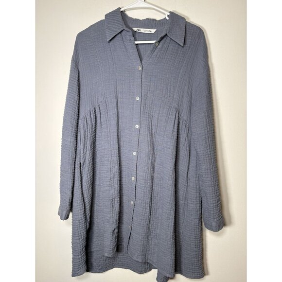 ZARA Crinkle Cotton Beach A-Line Button Down Tunic Shirt Dress Grey/Blue Medium - Picture 1 of 7